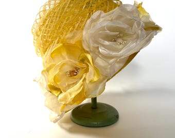 Vintage 3D 1950s Yellow Floral Bucket Hat Cloche Garden Derby Mod Tea Party Cosplay