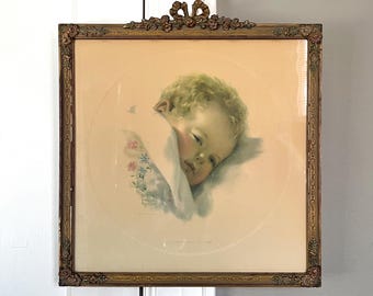 Antique Bessie Pease Gutmann On Dreamland’s Border Lithograph Sleeping Baby Portrait Framed