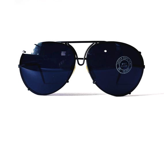 Vintage Anti Glare WIDE FIT Sunglasses 70s Aviator Shooter Pilot Dark Blue Glass Lenses
