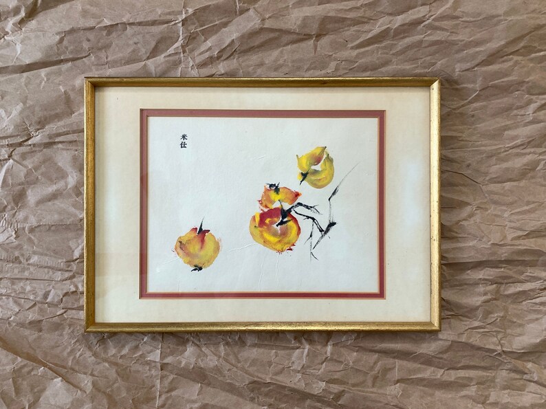 16 x 11 13 MCM Original Peaches Painting on Rice Paper Framed Behind Glass 50/'s Japanese Vintage Art Artist Decor Mid Century