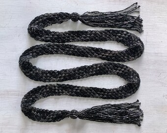 72" Victorian Sautoir Lariat Braided Beaded Black Silver w Tassels Flapper Antique Vintage Accessories