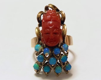 14k Gold Size 8.5 Carved Coral Buddha & Fire Opal Stylized Peacock Beautiful Mid Century Statement Estate Cocktail Ring 8.9 gr