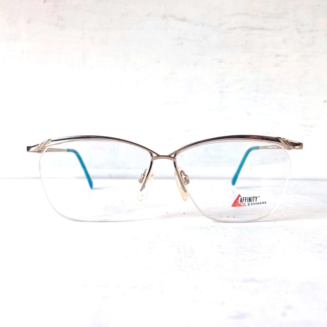Vintage Eyeglasses WIDE Fit Kenmark Affinity Raven Cat Eye Metal Semi ...