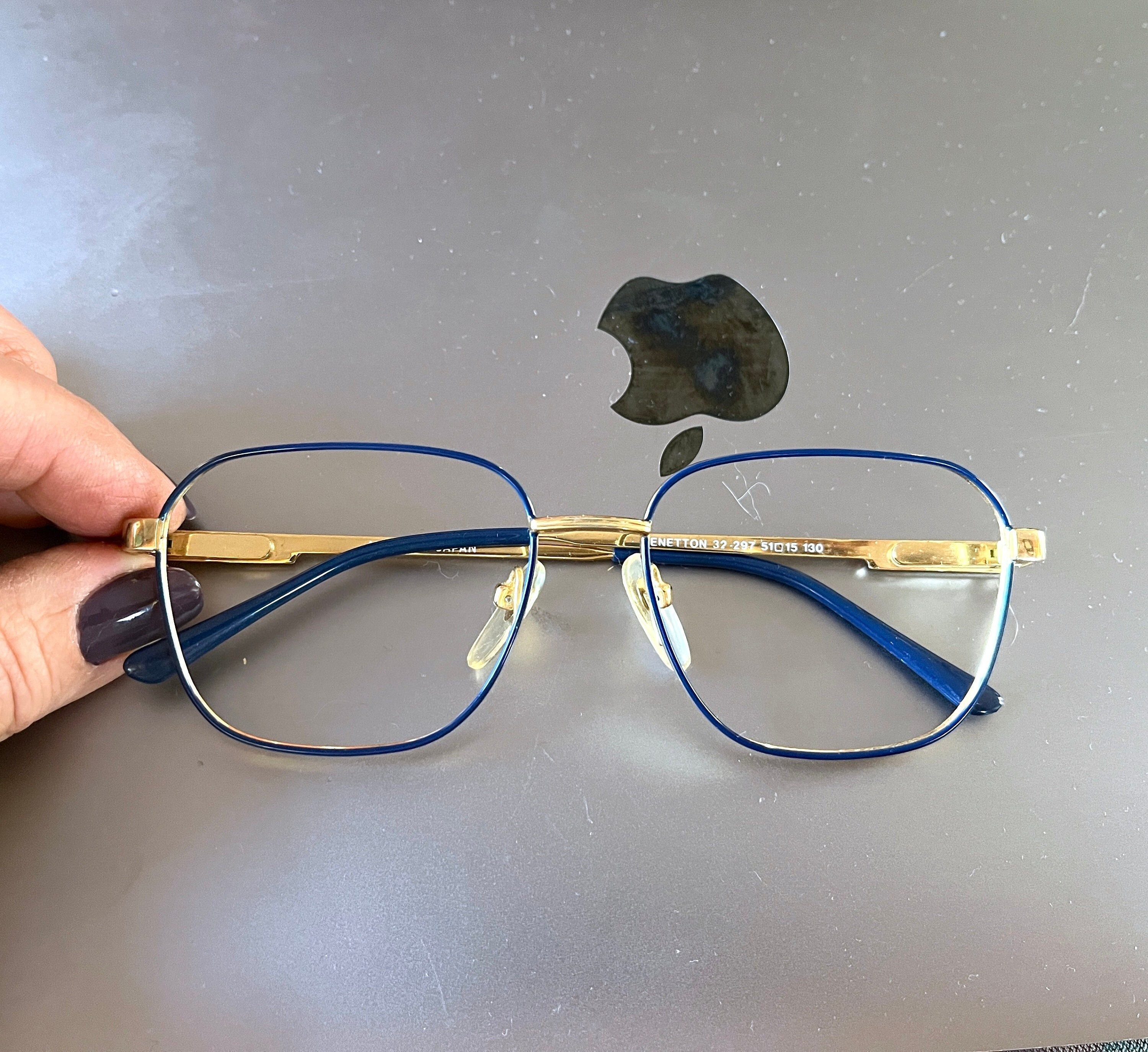 Vintage Glasses Petite Fit Benetton 80s Kids Square Royal Blue Gold Metal Eyeglasses 51-15-130 Eyeglass Frames