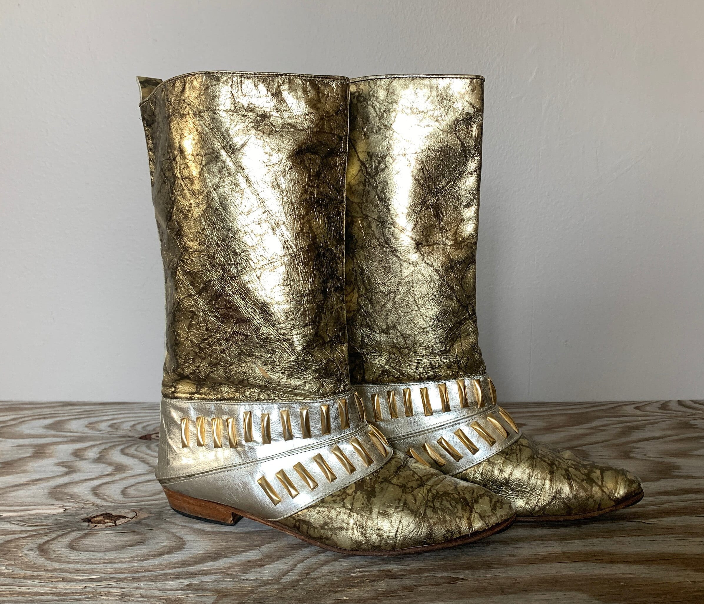Size 6.5-7 Eliot by Menatta Gold & Silver Leather Lamé Boots 