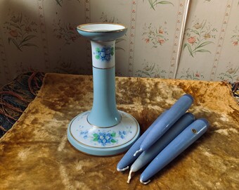 1918 Noritake Antique Candlestick Holder Aqua Porcelain w Forget-me-Not Flowers plus 4 Periwinkle Blue Candles