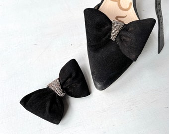 1930's Suede Shoe Clips,  Vintage Feminine Sweater Bow Pin,  Fine Silver Steel Beaded Center Hair Bow