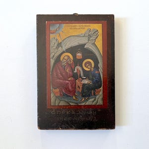 Antique Decoupage Saint John Theologos Cave of Revelations Icon on Wood Primitive Religious Plaque
