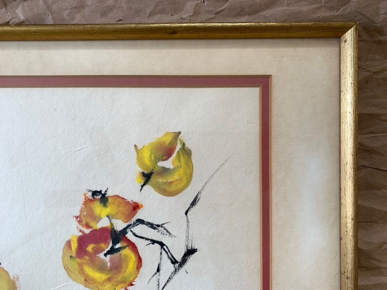 16 x 11 13 MCM Original Peaches Painting on Rice Paper Framed Behind Glass 50/'s Japanese Vintage Art Artist Decor Mid Century