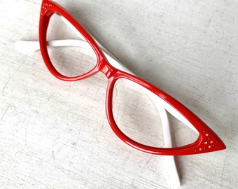 Acetate Cat Eye Eyeglasses Eyewear Eyeglass Frames Glasses Vintage Red White w Teeny Rhinestones