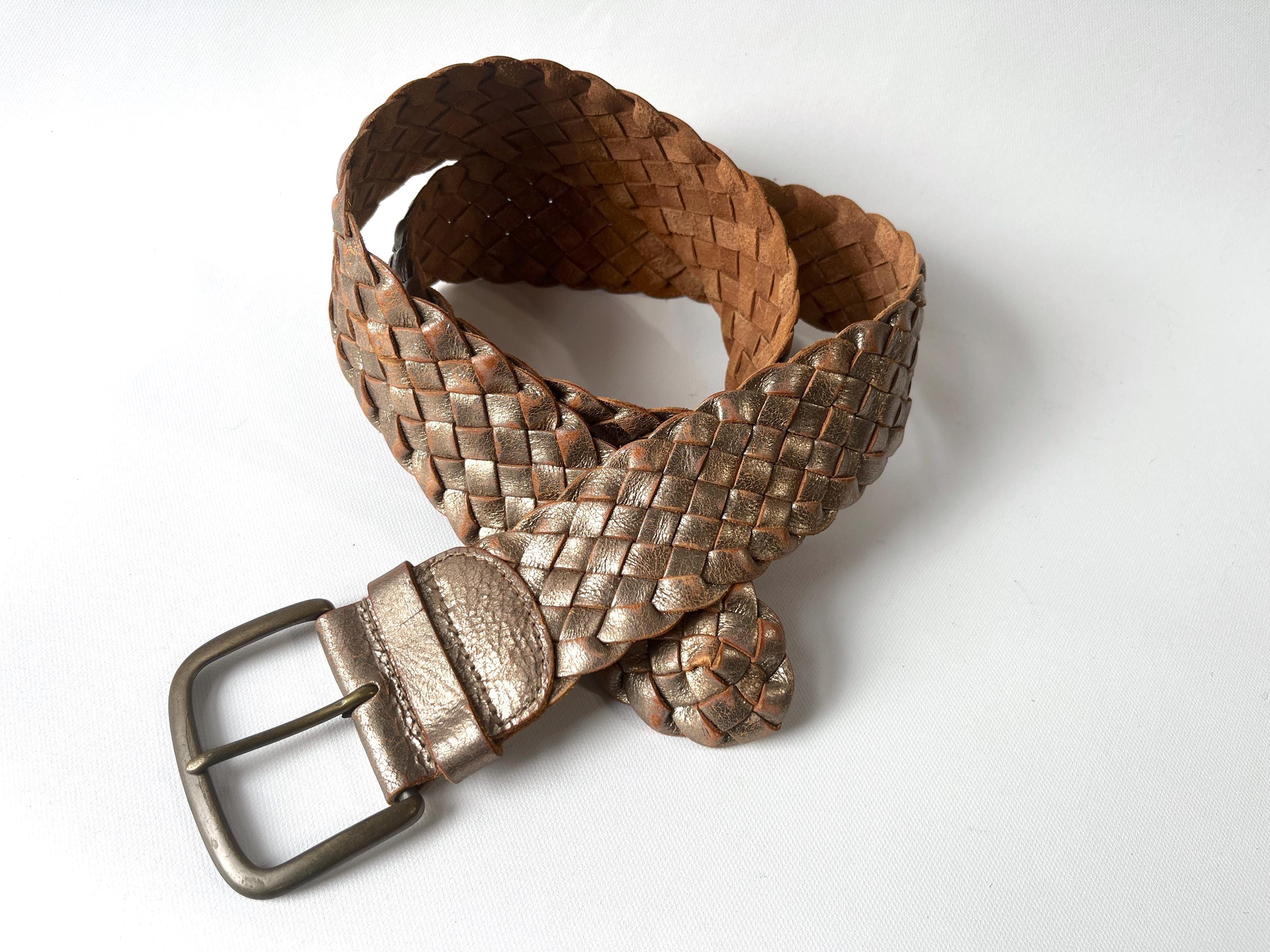 Vintage Wide 40in Gold Leather Belt Weathered Cowhide Braided Woven Boho VTG Wide Woven Braided Boho Metallic Hip Belt Chunky Gold  main image 3
