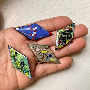 Vintage Artisan Enamel Copper Pendant Lot 60s Camp Craft Abstract Diamond Repurpose Jewelry Design