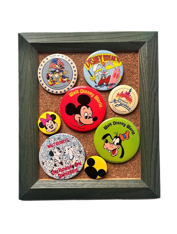 Vintage Pinback Button Lot of 8 Walt Disney World Disneyland w Oak Frame Cork Bulletin Board
