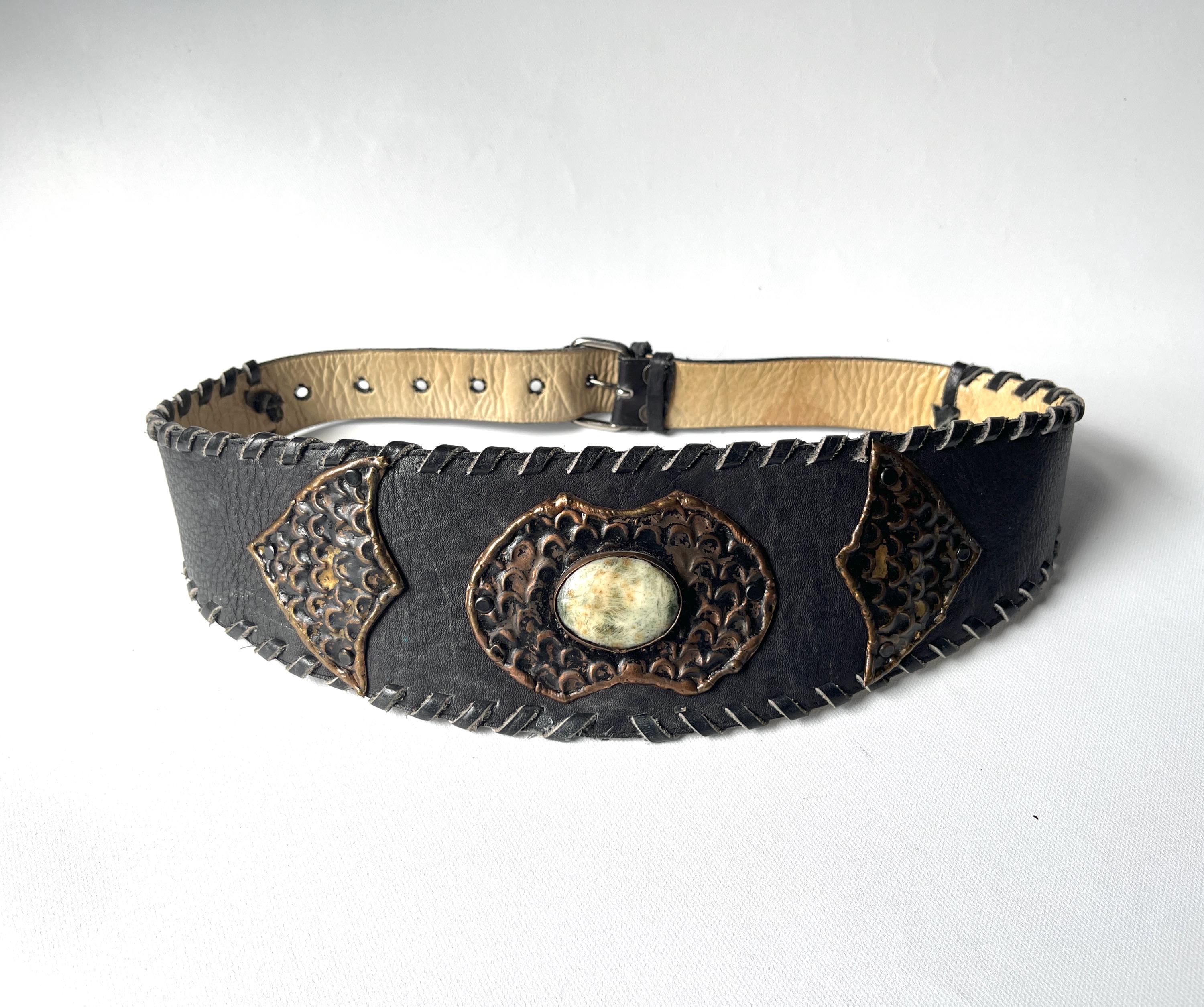 Vintage 80s Julia Deperalta 30in Cowhide Leather Belt Agate  display picture 3