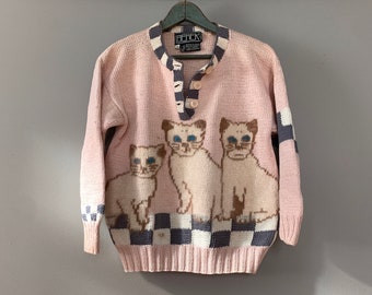 80’s Rare BEREK Handmade Cotton Mohair Cat Kitten Sweater 3D Different Back Kitten Themed Whimsical Conversational