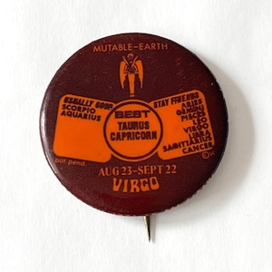 Vintage Virgo Zodiac Pinback Button Mutable Earth USA Astrology Sign 70s 60s