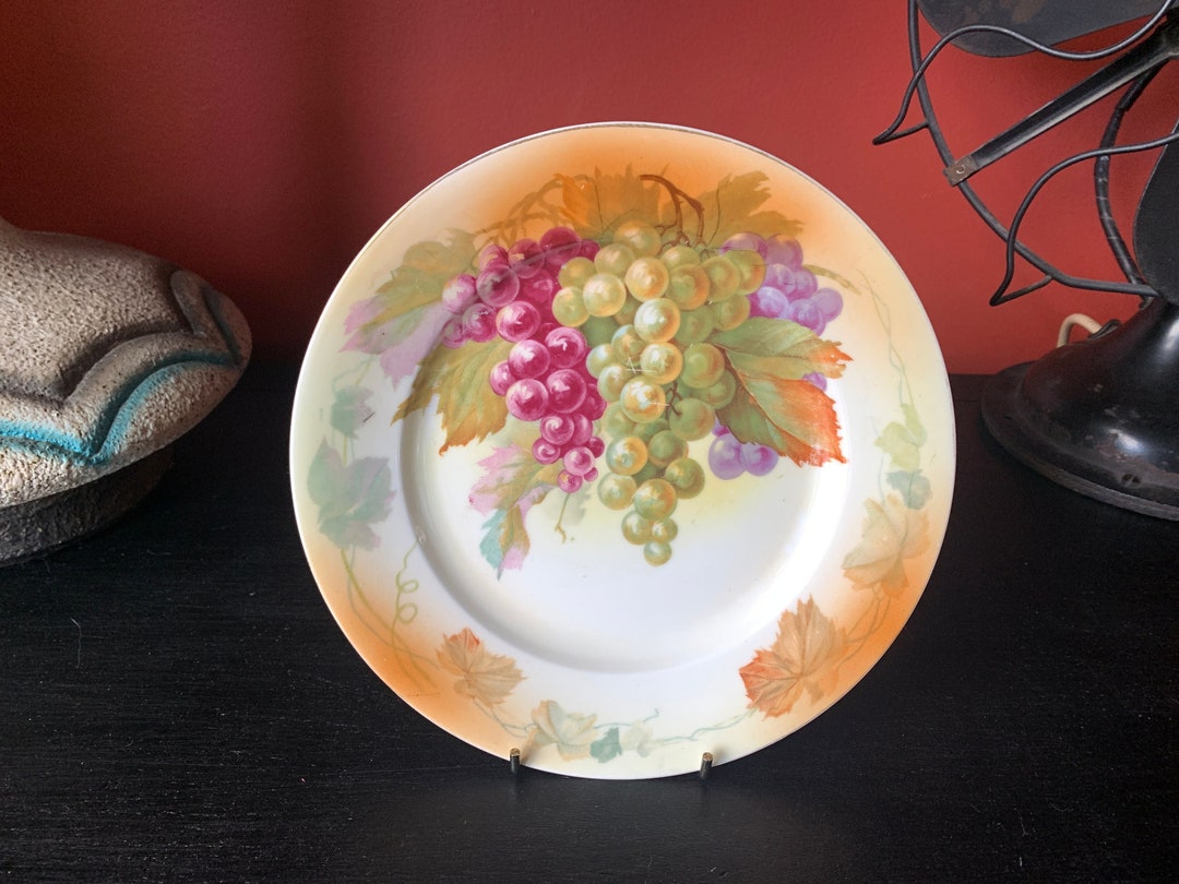 1940s Wall Decor Vintage Porcelain Grape Plate Olive Green & Pumpkin ...