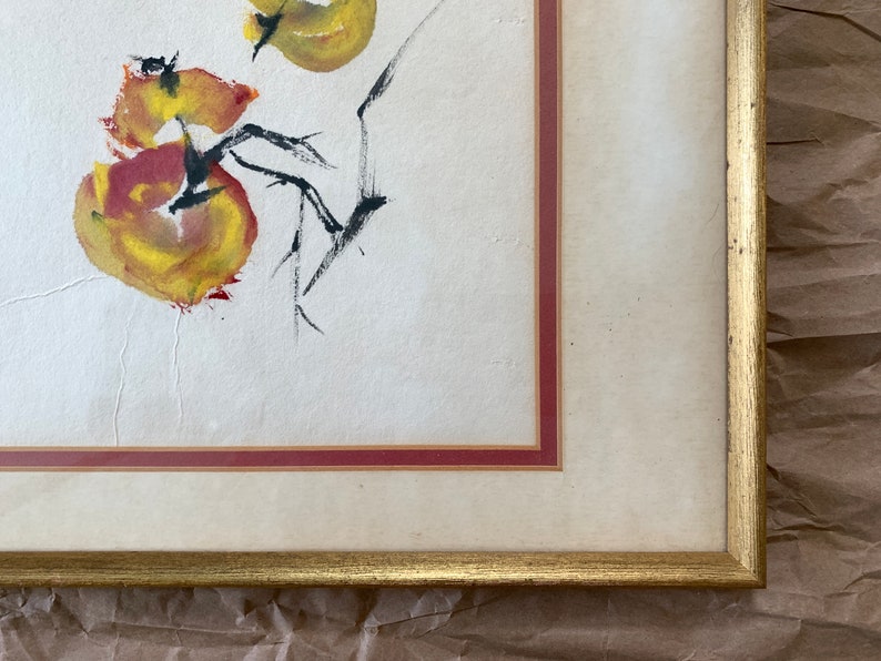 16 x 11 13 MCM Original Peaches Painting on Rice Paper Framed Behind Glass 50/'s Japanese Vintage Art Artist Decor Mid Century