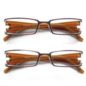 Retro 2pr +2.00 Petite Fit Flawed Reading Glasses Acetate Rectangular Rhinestone Copper Metal Auburn Skinny Slim Bling