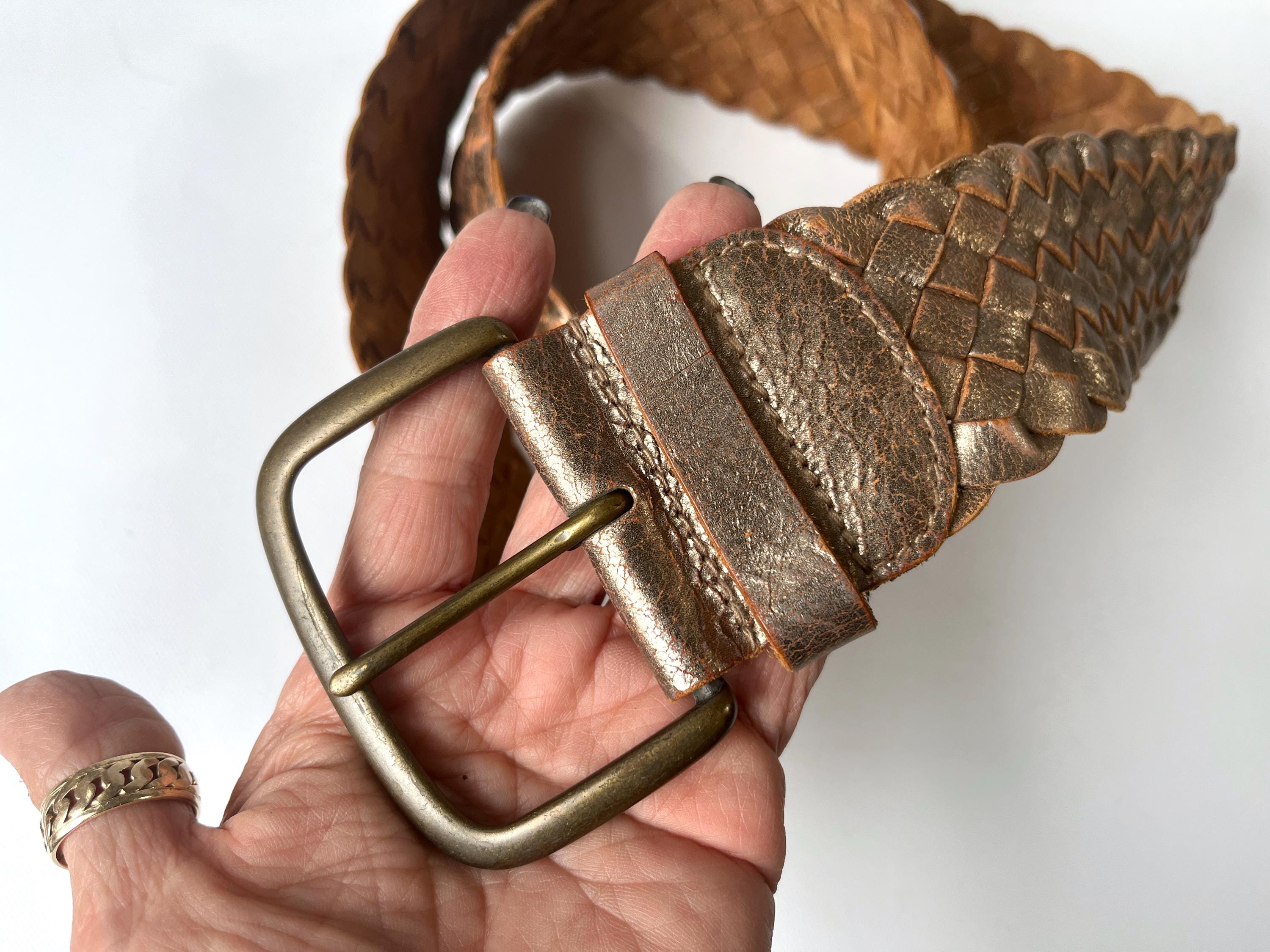 Vintage Wide 40in Gold Leather Belt Weathered Cowhide Braided Woven Boho VTG Wide Woven Braided Boho Metallic Hip Belt Chunky Gold  main image 4