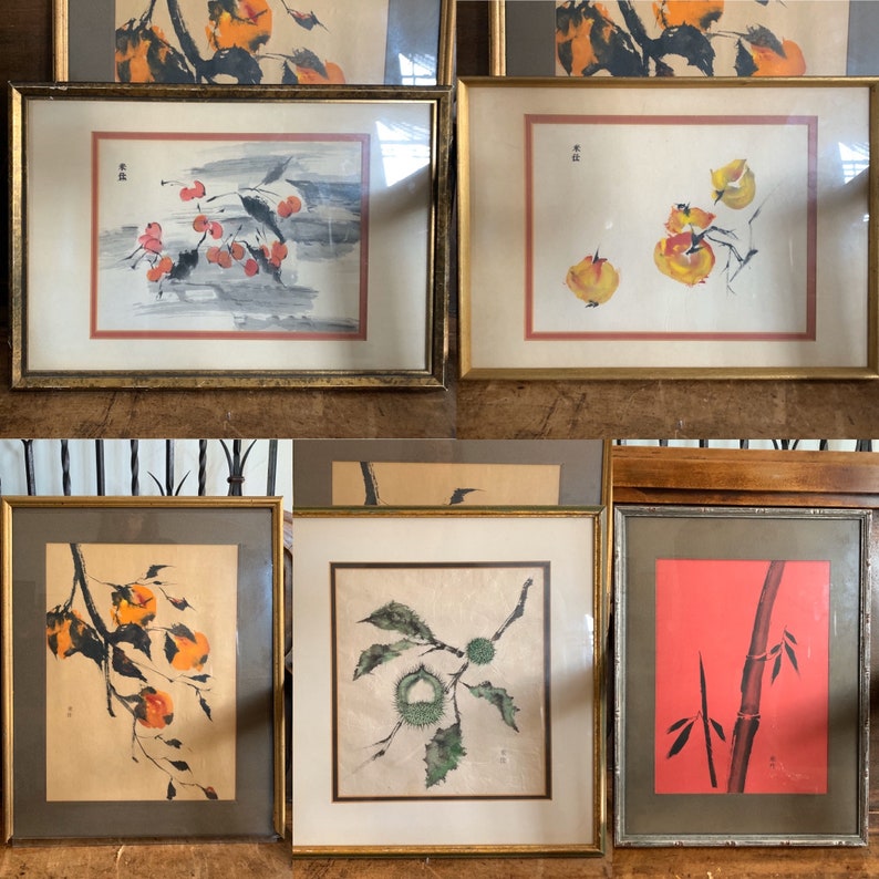 16 x 11 13 MCM Original Peaches Painting on Rice Paper Framed Behind Glass 50/'s Japanese Vintage Art Artist Decor Mid Century