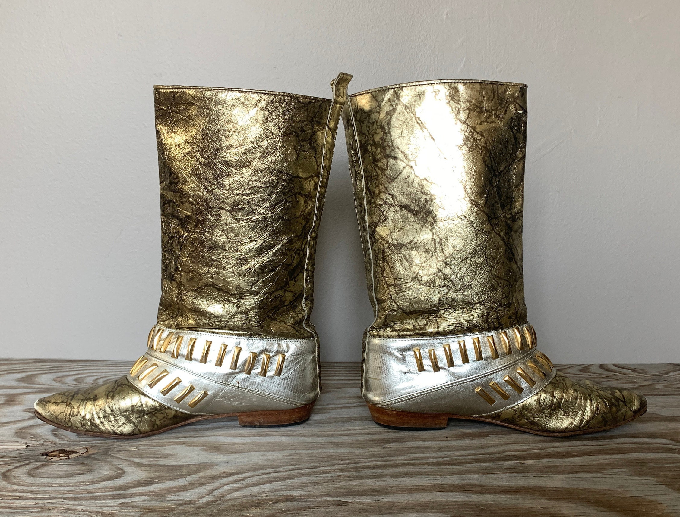Buy Size 6.5-7 Eliot by Menatta Gold & Silver Leather Lamé Boots Online in  India 