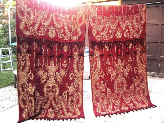Pair Of Long Red Antique Tapestry Drapes Curtains W Tassels Etsy