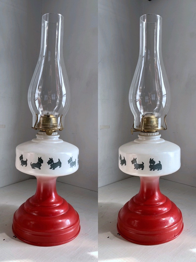 Scotty Dog Hurricane Oil Lamp Red White Country Cabin Rustic Primitive Holiday Decor Window Lighting Lights Night Light Dog Lover Terrier
