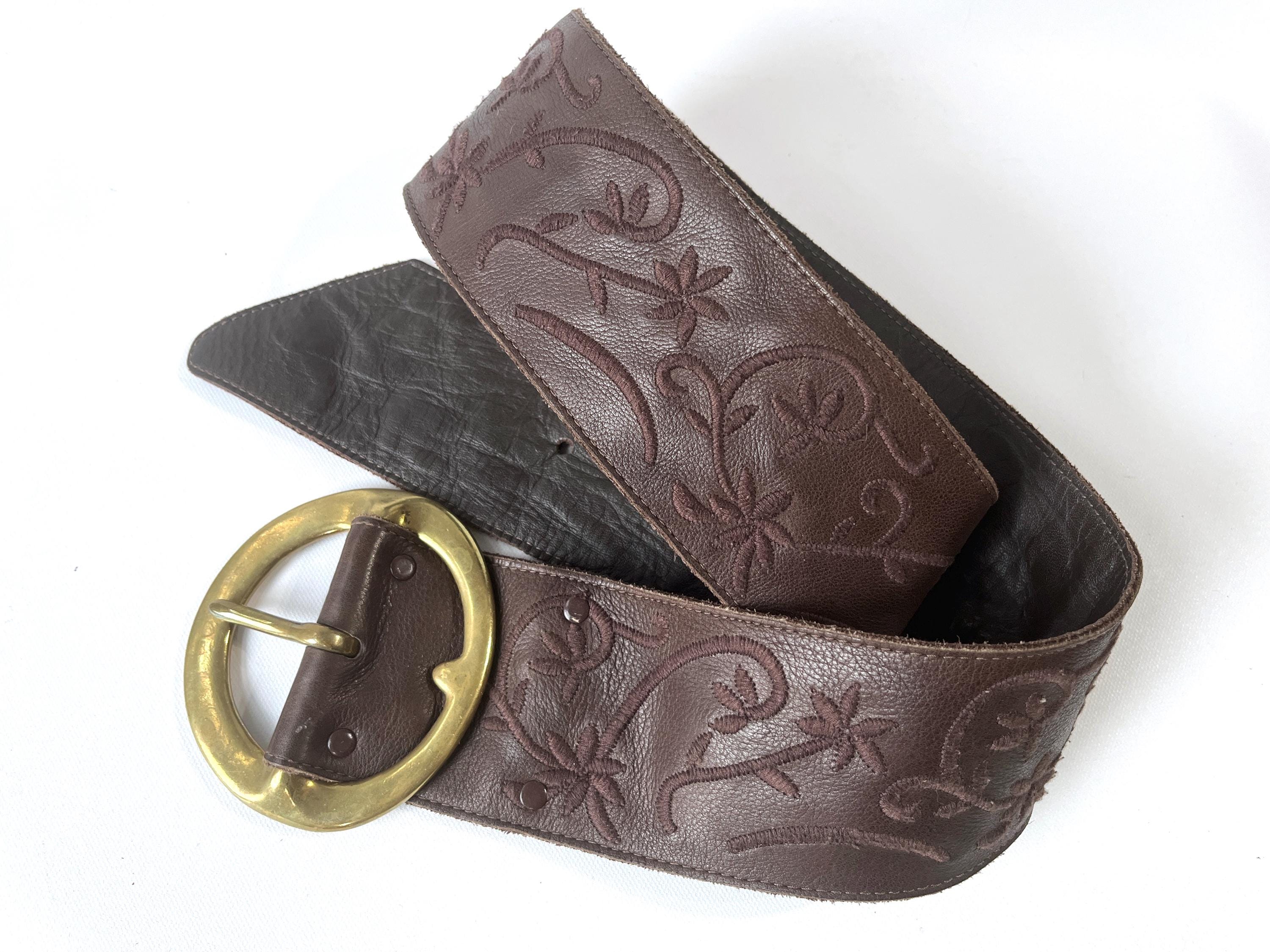 Vintage B-LOW the Belt 34in Oversized Brass Buckle Wide Leather Floral Stitching Vintage B-LOW the Belt 34in Oversized Brass Buckle Wide Soft  main image 2