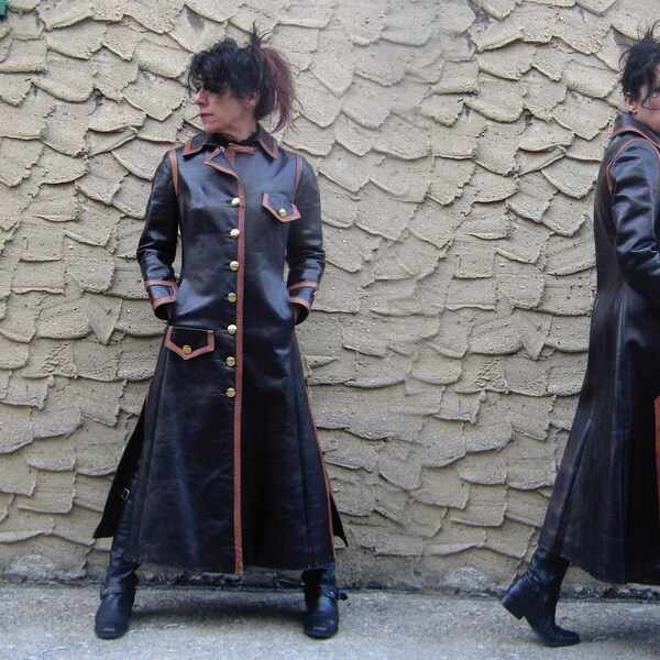 Riding Coat Roberta di Camerino Leather Military Style Vintage 1970's Size Small Black