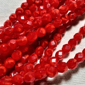 RARE 6mm Czech GLASS Beads Cherry Red & White Milk Glass Swirl Firepolish faceted Round 6 inch strand (25)