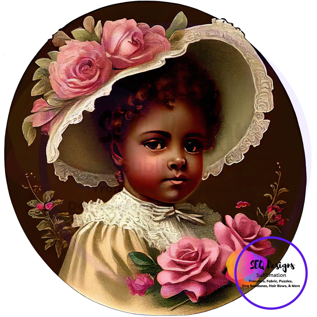 Fabric Block Beautiful Vintage Style African American Little Girl Roses