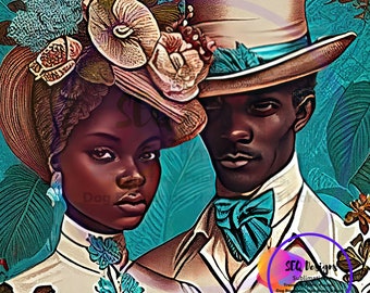Fabric Block Beautiful Black Vintage Toile African American Couple Colorful Setting One Of A Kind Unique Design Block Sewing