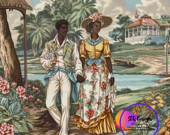 May include: An illustration of a couple strolling in a garden setting. The man is in a white suit with a blue and gold waistcoat. The woman wears a yellow top and floral skirt, holding a hat. The background shows a gazebo, water, and greenery.