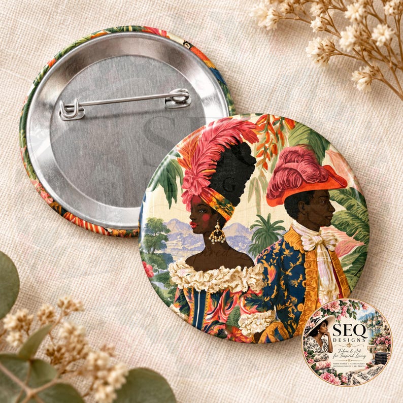 Black Couple Pinback Button, Ornate Decorative and Coral Feathered Hats ...