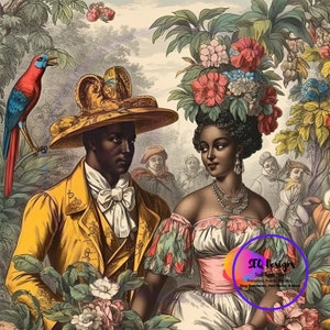 Fabric Block Beautiful Black Vintage Toile Style African American Couple Colorful Setting One Of A Kind Unique Design Block Sewing 10