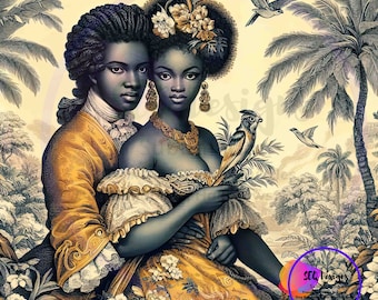 May include: A painting depicting two Black women in ornate attire, positioned against a background of vibrant tropical greenery. The woman on the left is dressed in a yellow and gold gown with lace detailing, while the woman on the right wears a yellow and white gown with a floral design. Both women have dark complexions, dark hair, and are adorned with jewellery. A parrot perches on the woman's right arm.