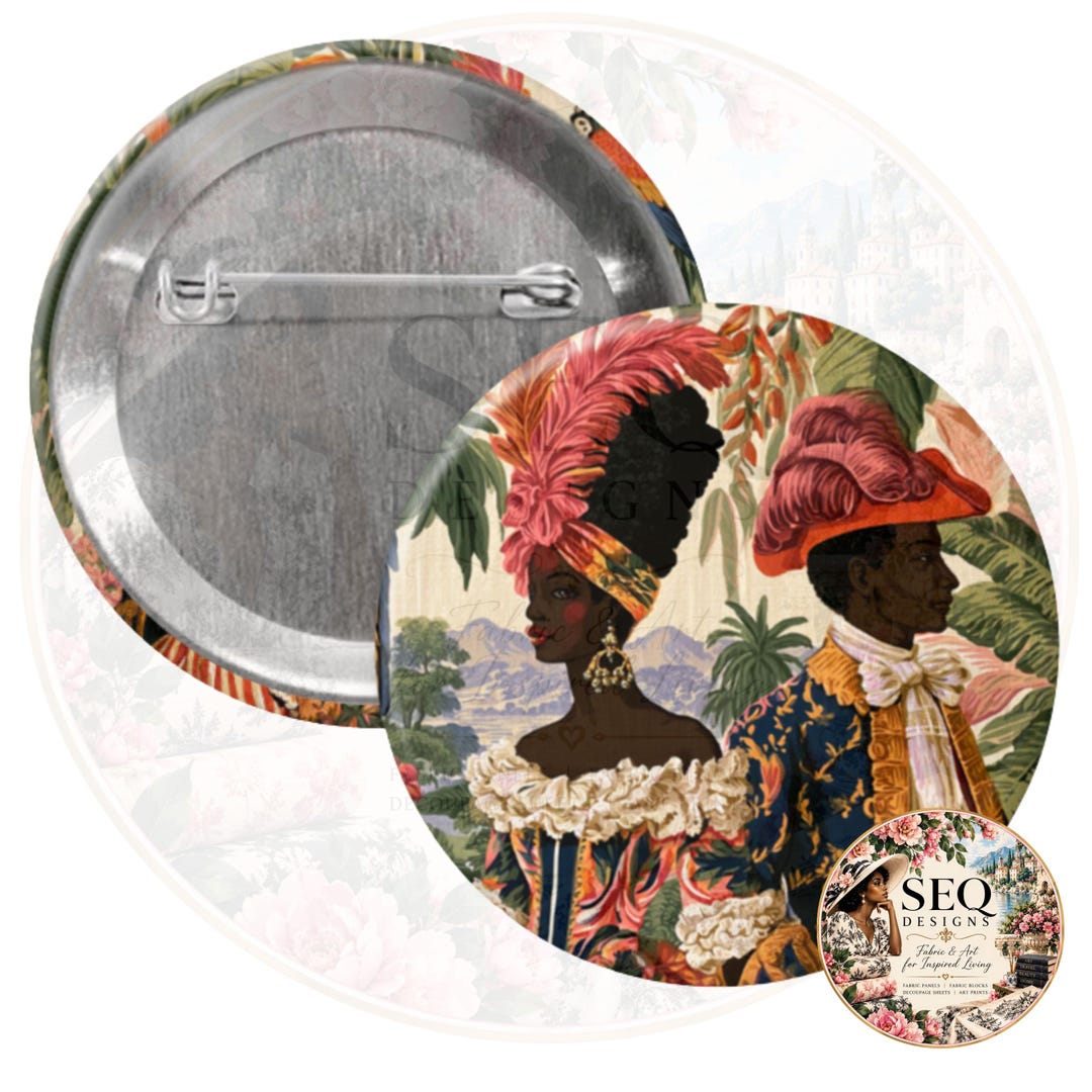 Black Couple Pinback Button, Ornate Decorative and Coral Feathered Hats ...