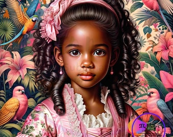 Fabric Block Beautiful Pink Princess Black Girl Vintage Style Toile Tropical Setting One Of A Kind Unique Design Block Sewing