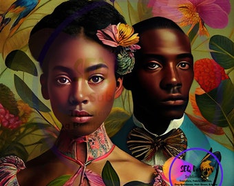 May include: A painting of a couple with dark skin, the woman wearing a floral dress and the man wearing a blue suit with a bow tie. The painting is surrounded by flowers and plants.