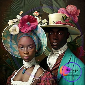 Fabric Block Beautiful Black Vintage Style African American Couple Colorful Setting One Of A Kind Unique Design Block Sewing