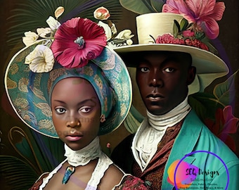 Fabric Block Beautiful Black Vintage Style African American Couple Colorful Setting One Of A Kind Unique Design Block Sewing