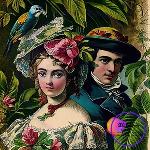 Fabric Block Beautiful Toile Vintage Style  Couple Colorful Setting One Of A Kind Unique Design Block Sewing