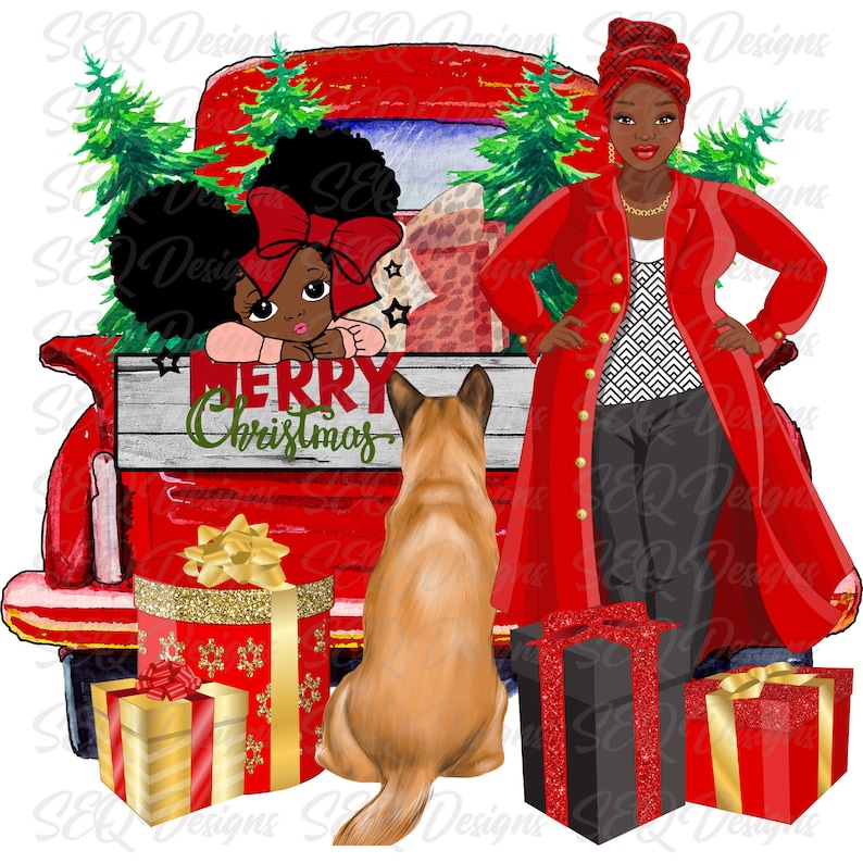 African American Mom Daughter Country Christmas And Dog Sublimation Transfer