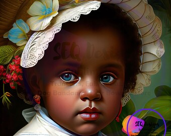 Fabric Block Beautiful Vintage Style African American Little Girl Tropical Setting One Of A Kind Unique Design Block Sewing 03