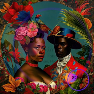 Fabric Block Beautiful Black Vintage Toile African American Couple Man And Woman Tropical Setting One Of A Kind Unique Design Block Sewing