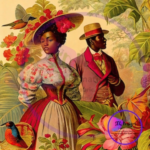 Fabric Block Beautiful Black Vintage Toile African American Couple Man And Woman Tropical Setting One Of A Kind Unique Design Block Sewing