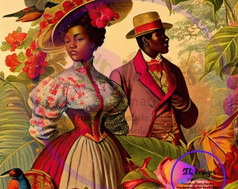 May include: A vintage illustration depicting a couple in a tropical setting. The woman is wearing a large, wide-brimmed hat adorned with red flowers and a long, flowing dress. The man is wearing a straw hat and a suit. The background is filled with lush greenery and flowers.