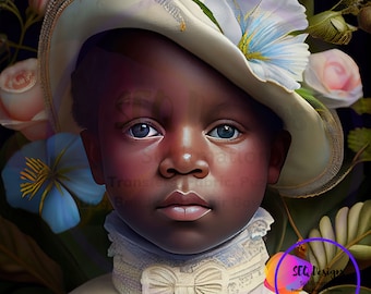 Fabric Block Beautiful Vintage Style African American Little Boy Tropical Setting One Of A Kind Unique Design Block Sewing
