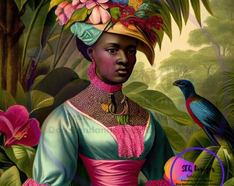 Fabric Block Beautiful Black Vintage Style African American Woman Tropical Setting One Of A Kind Unique Design Block Sewing